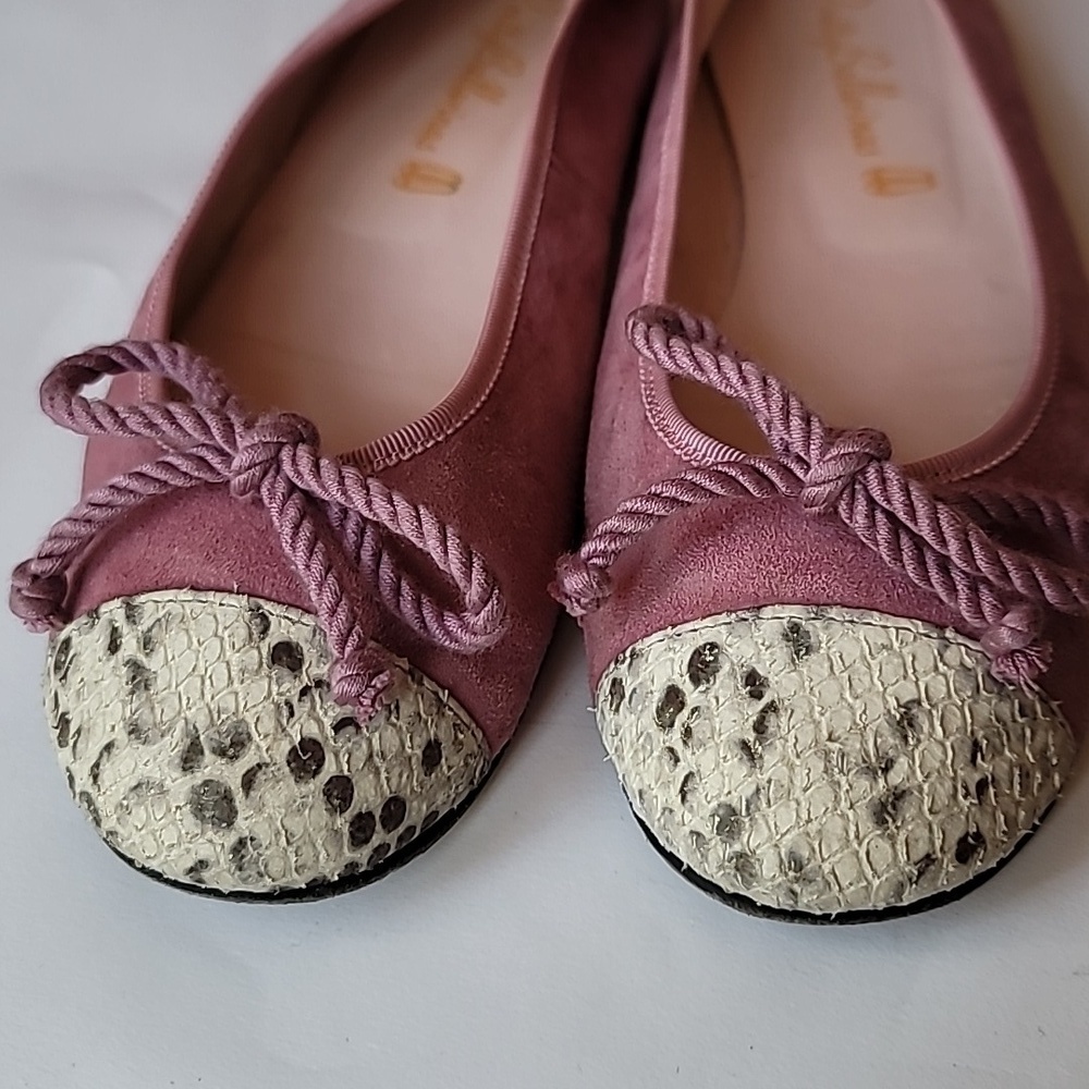 Pretty Ballerinas Bow tied Suede Pink  Real Leather  reptile skin accent - Picture 5 of 6